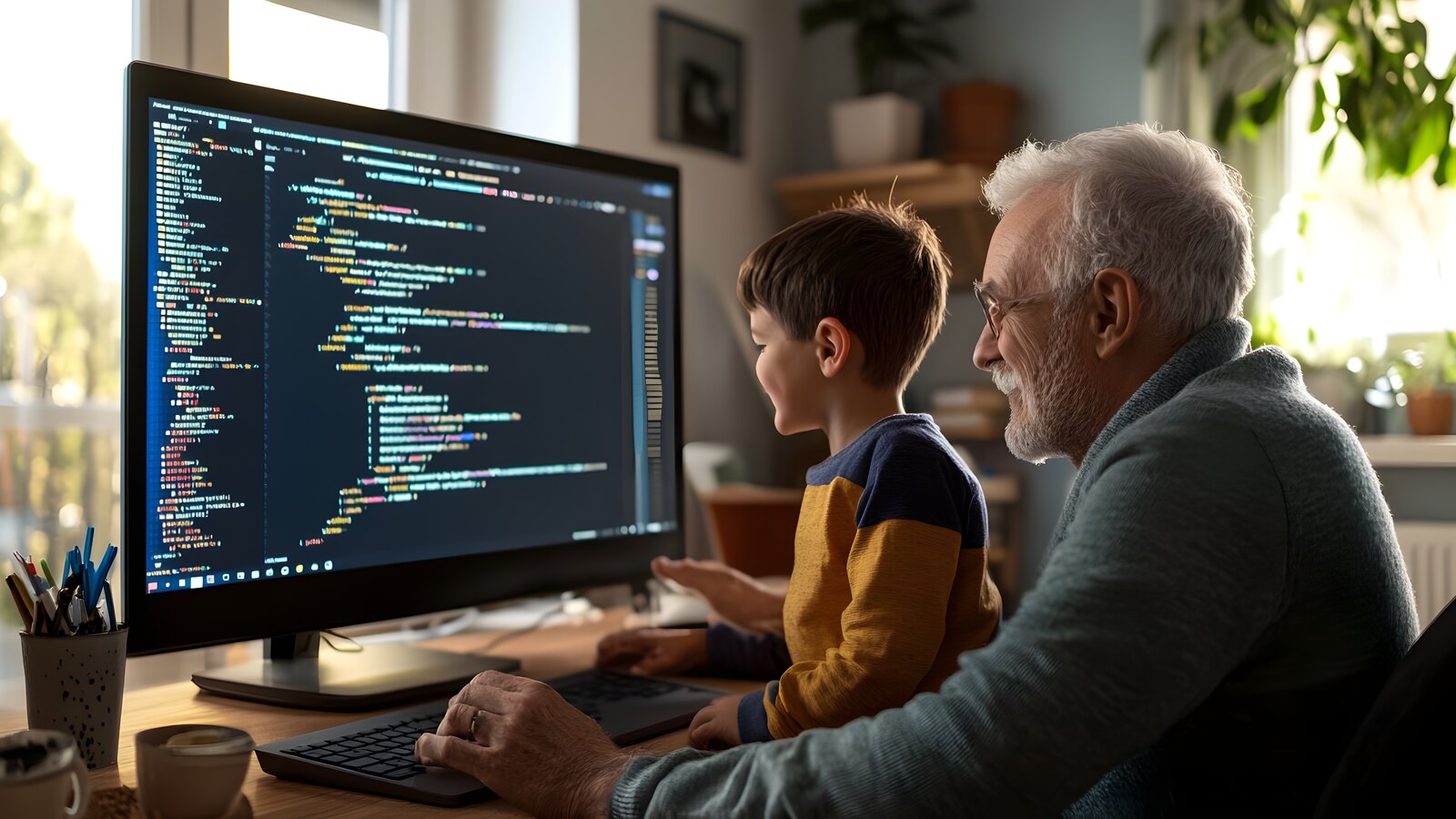 An older man and a young boy sitting side by side at a desk, looking at colorful code on a monitor together. Vibe coding is for anyone, at any age.